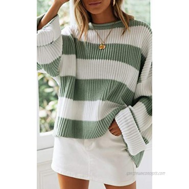 ZESICA Women's Long Sleeve Crew Neck Striped Color Block Comfy Loose Oversized Knitted Pullover Sweater