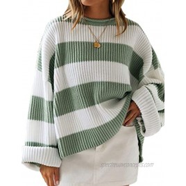 ZESICA Women's Long Sleeve Crew Neck Striped Color Block Comfy Loose Oversized Knitted Pullover Sweater