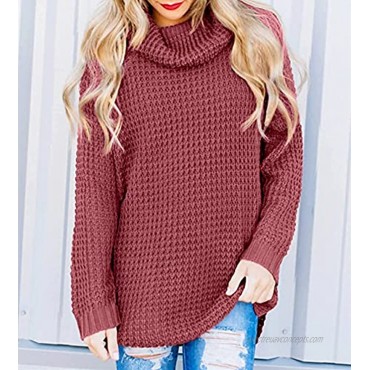 ZESICA Womens Turtleneck Long Sleeve Waffle Knit Casual Loose Pullover Sweater Jumper Tops