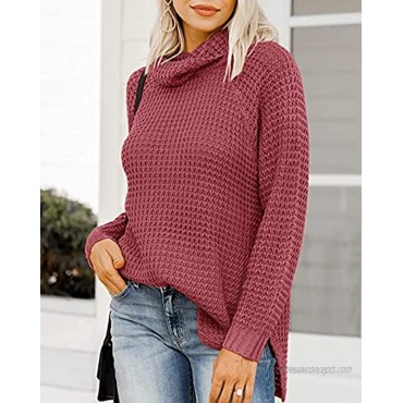 ZESICA Womens Turtleneck Long Sleeve Waffle Knit Casual Loose Pullover Sweater Jumper Tops