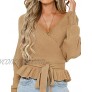 ZESICA Women's Wrap V Neck Long Batwing Sleeve Belted Waist Ruffle Knitted Sweater Pullover Top