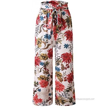 ECOWISH Women's Casual Floral Print Belted Summer Beach High Waist Wide Leg Pants with Pockets