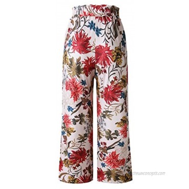 ECOWISH Women's Casual Floral Print Belted Summer Beach High Waist Wide Leg Pants with Pockets
