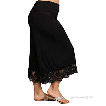 HEYHUN Women's Solid Tie Dye Wide Leg Flared Capri Boho Gaucho Pants w Lace Detail