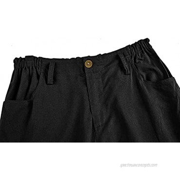 Womens Cotton Linen Pants Flat Front Loose Fit Casual Elastic Waist Summer Beach Trousers