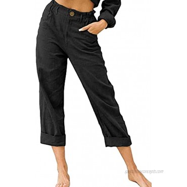 Womens Cotton Linen Pants Flat Front Loose Fit Casual Elastic Waist Summer Beach Trousers