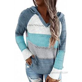 Biucly Women's Lightweight Color Block Knit Hoodies Sweaters Loose Long Sleeve V Neck Drawstring Pullover SweatshirtsS-3XL