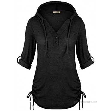 Cyanstyle Women's Long Sleeve Henley V-Neck Button Sweatshirt Tunic Hoodies Casual Pullover with Drawstring