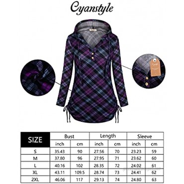 Cyanstyle Women's Long Sleeve Henley V-Neck Button Sweatshirt Tunic Hoodies Casual Pullover with Drawstring