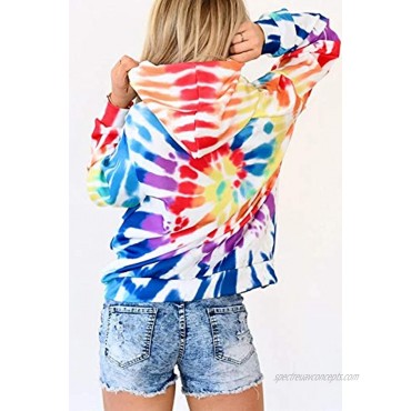 HVEPUO Tie Dye Print Hoodie Long Sleeve Drawstring Pullover Tops Loose Casual Sweatshirt For WomenS-XXL