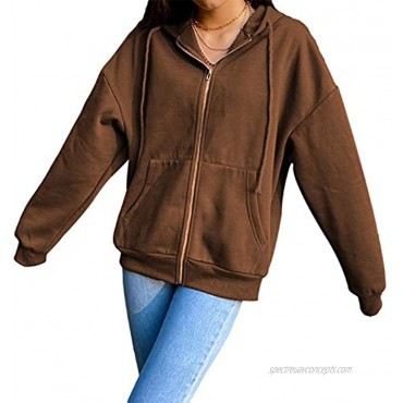 Oversized Zip Up Hoodie for Women Vintage Y2k Loose Baggy Sweatshirt Jacket Egirl 90s Solid Basic Hooded Coat