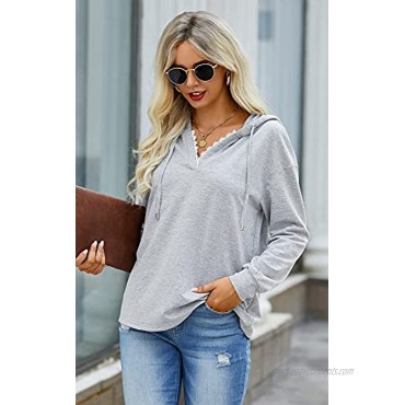 PRETTYGARDEN Women Hoodies Tops Long Sleeve Casual Drawstring Lace V Neck Solid Color Pullover Sweatshirts