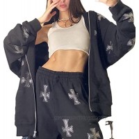 Rhinestone Graphic Zip Up Hoodies for Women Oversized Y2k Sweatshirt Jacket E-Girl 90s Pullover Streetwear