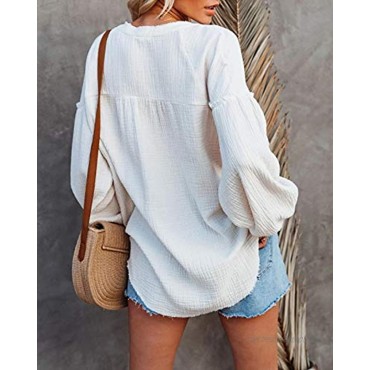 Shemoday Womens Deep V Neck Lantern Sleeve Henley Sweatshirt Oversized Cotton Blouse Pullover Tops