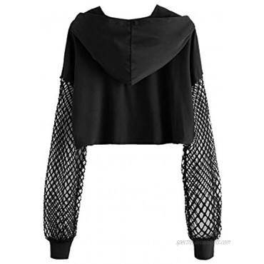 Verdusa Women's Casual Long Sleeve Fishnet Pullover Hoodie Crop Top Sweatshirt