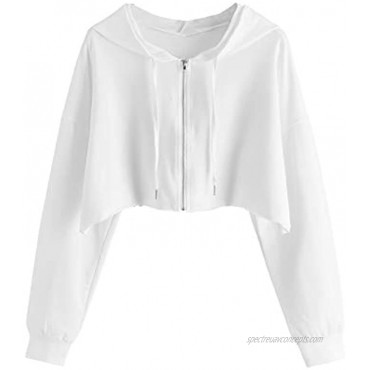 Verdusa Women's Casual Long Sleeve Zip Up Crop Drawstring Hooded Sweatshirt