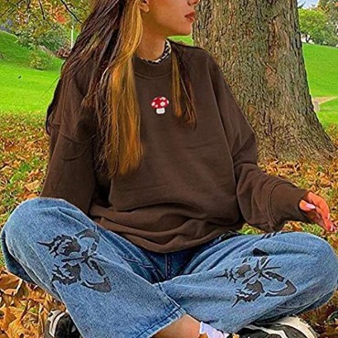 Women Long Sleeve Mushroom Embroidery Casual Oversized Crewneck Pullover Sweatshirt Tops