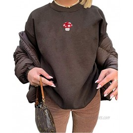 Women Long Sleeve Mushroom Embroidery Casual Oversized Crewneck Pullover Sweatshirt Tops