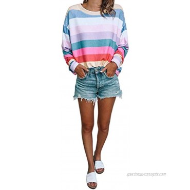 Women Long Sleeve Tops Oversized Rainbow Striped Tunics Blouses T Shirt Pullover Sweatshirt