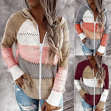 Womens Zip Up Color Block Hoodie Sweaters Fashion Casual Long Sleeve Drawstring Sweatshirts
