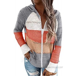 Womens Zip Up Color Block Hoodie Sweaters Fashion Casual Long Sleeve Drawstring Sweatshirts