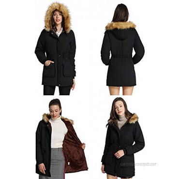 4HOW Womens Hooded Parka Jacket Warm Winter Coat Faux Fur Trim