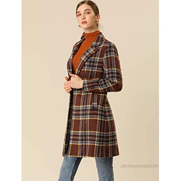 Allegra K Women's Notched Lapel Jacket Winter Long Sleeve Plaid Coat