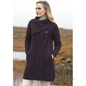 Aran Crafts Women's Cable Knit Soft Collar 3 Button Coat 100% Merino Wool