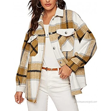 Gacaky Womens Wool Blend Plaid Front Button Casual Lapel Collar Jacket Outwear