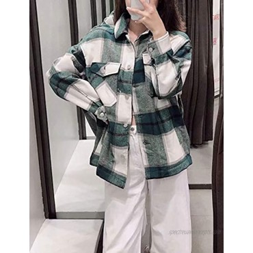 Gihuo Women's Casual Loose Long Sleeve Button Down Wool Blend Plaid ShacketsJackets Green01 XS