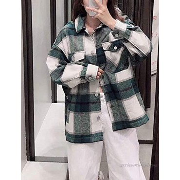 Gihuo Women's Casual Loose Long Sleeve Button Down Wool Blend Plaid ShacketsJackets Green01 XS