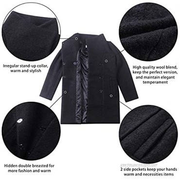 IKAZZ Women's Wool Blend Coat Warm Windproof Elegant Pea Mid-Length Trench Jacket
