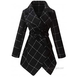 PLREOSEVNTE Women's Turn Down Collar Grid Coat Belted Wool Blend Coat Asymmetric Hem Wrap Coat…