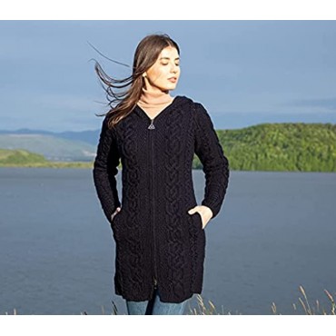 SAOL 100% Merino Wool Aran Irish Cardigan for Women with Pockets Hood and Celtic Zipper