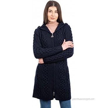 SAOL 100% Merino Wool Aran Irish Cardigan for Women with Pockets Hood and Celtic Zipper