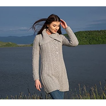 SAOL Irish Cardigan Sweater for Women with Side Pockets and Oversized Collar Soft Merino Blend