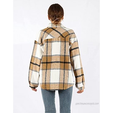 Springrain Women's Casual Flannel Plaid Button Down Long Sleeve Shacket Jacket Coat
