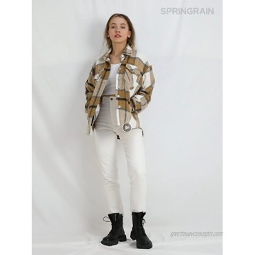 Springrain Women's Casual Flannel Plaid Button Down Long Sleeve Shacket Jacket Coat