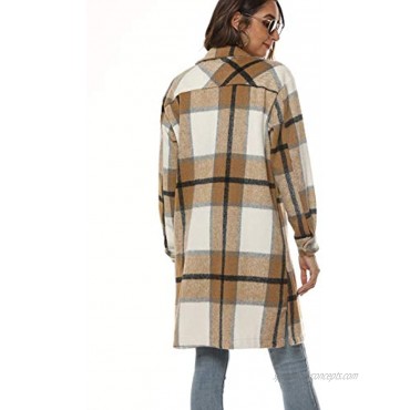 Tanming Women's Casual Plaid Shacket Lapel Button Up Wool Brushed Midi Jacket Coat