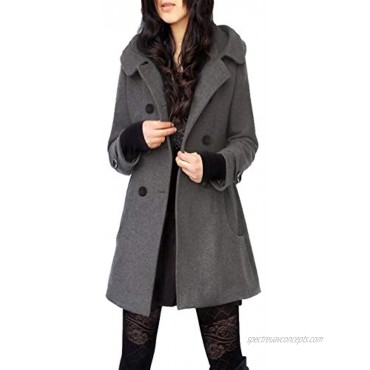 Tanming Women's Warm Double Breasted Wool Pea Coat Trench Coat Jacket with Hood
