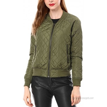 Allegra K Women's Raglan Long Sleeves Quilted Zip Up Bomber Jacket with Pockets