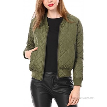 Allegra K Women's Raglan Long Sleeves Quilted Zip Up Bomber Jacket with Pockets