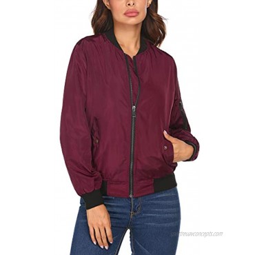 Parabler Women's Bomber Jacket Casual Solid Coat Long Sleeve Zip Up Outerwear Windbreaker with Pockets