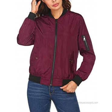 Parabler Women's Bomber Jacket Casual Solid Coat Long Sleeve Zip Up Outerwear Windbreaker with Pockets