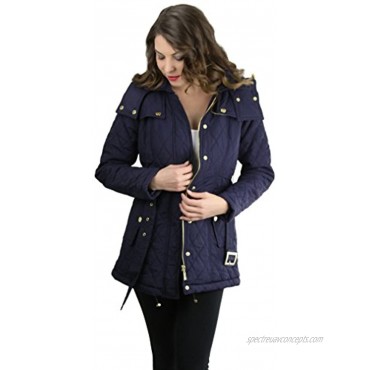 ToBeInStyle Women's Quilted Padded Long Jacket with Belt and Button Snap Hood