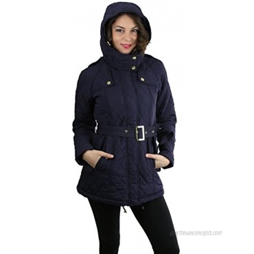 ToBeInStyle Women's Quilted Padded Long Jacket with Belt and Button Snap Hood