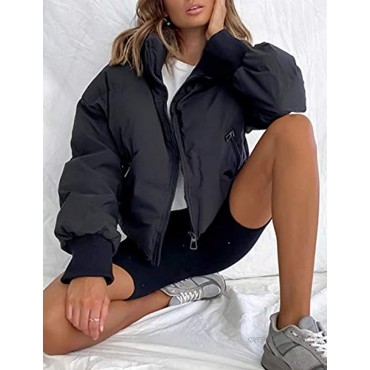 Uaneo Womens Casual Padded Full Zip Stand Collar Long Sleeve Puffer Jackets