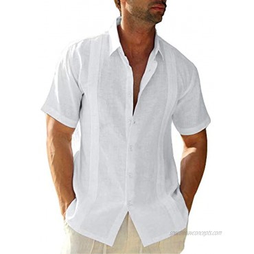 Hestenve Mens Short Sleeve Cuban Camp Guayabera Shirt Linen Cotton Hippie Beach Button Down Shirts