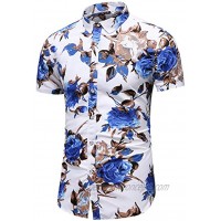 LEFTGU Men's Slim fit Floral Printed Beach Hawaiian Button-Down Dress Shirt