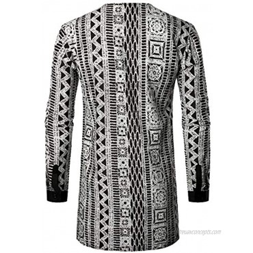 LucMatton Men's African Traditional Pattern Printed Hidden Button Long Sleeve Dashiki Shirt with Pocket